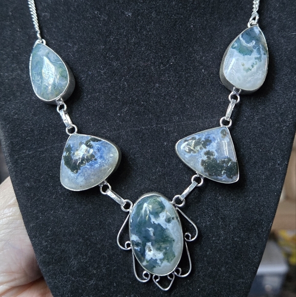 Moss Agate sterling silver statement necklace
